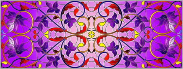 Illustration Vitrail Avec Tourbillons Abstraits Fleurs Feuilles Sur Fond Violet — Image vectorielle