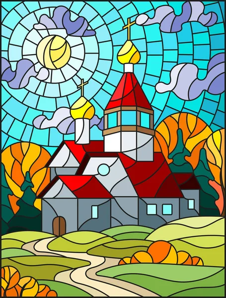 Απεικόνιση Χρωματισμένο Γυαλί Στυλ Εκκλησία Σχετικά Ιστορικό Φθινοπωρινό Τοπίο Μια — Διανυσματικό Αρχείο