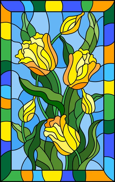 Ilustração Estilo Vitral Com Buquê Tulipas Amarelas Fundo Azul Quadro — Vetor de Stock