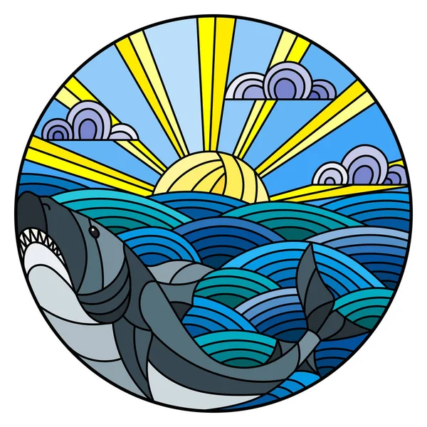 Vitray Stil Köpekbalığı Çizimde Dalgalar Güneşli Gökyüzü Bulutlar Görüntü Yuvarlak — Stok Vektör
