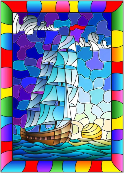 Ilustración Estilo Vitral Con Viejo Barco Navegando Con Velas Blancas — Vector de stock