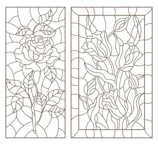 Conjunto Ilustraciones Contorno Vidrieras Con Flores Una Rosa Ramo Tulipanes — Vector de stock