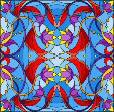 İllüstrasyon soyut swirls, vitray tarzında çiçekler ve mavi bir arka plan üzerinde kare görüntü bırakır