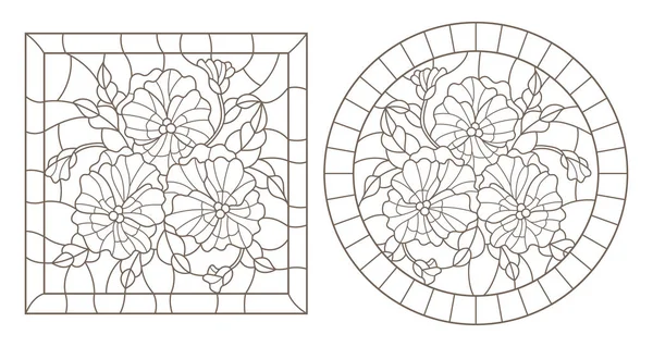 Uppsättning Kontur Illustrationer Målat Glas Windows Med Pansys Ramar Mörka — Stock vektor