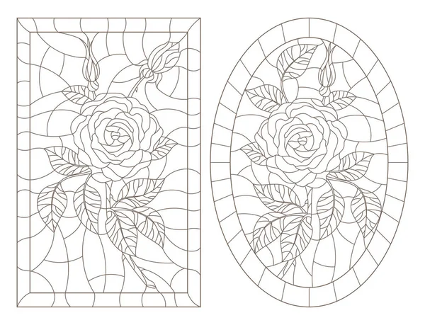 Conjunto Ilustraciones Contorno Vidrieras Con Roses Marcos Contornos Oscuros Sobre — Vector de stock