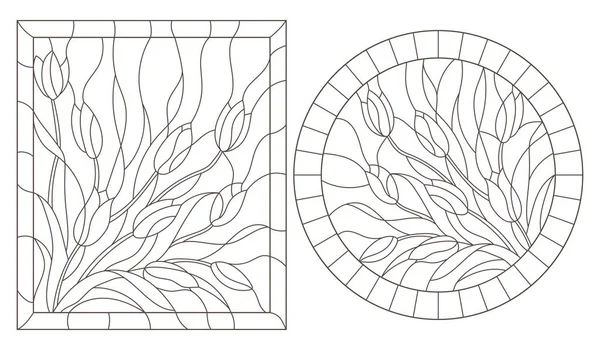 一组带有 Tulipsin 框架的彩色玻璃窗口的轮廓图 白色背景上的深色轮廓 圆形和矩形图像 — 图库矢量图片