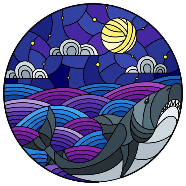 Vitray Stil Köpekbalığı Ile Çizimde Dalgalar Yıldızlı Gökyüzü Bulutlar Görüntü — Stok Vektör