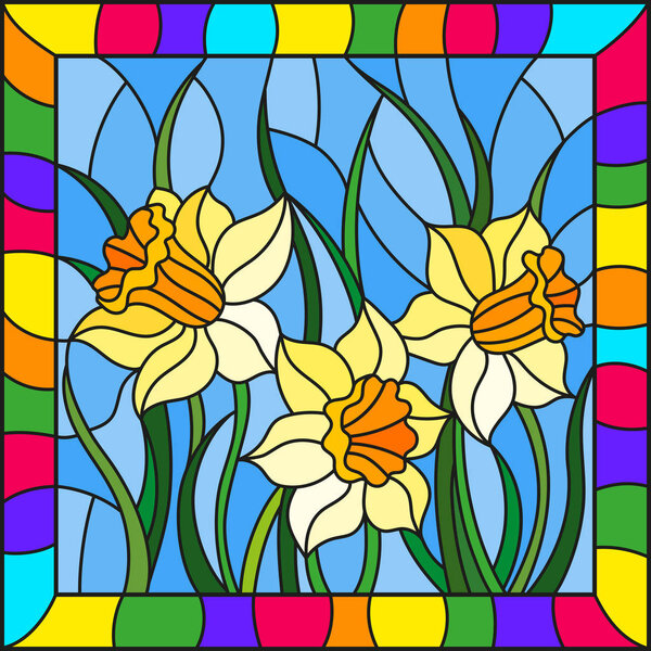 Illustration in stained glass style with yellow daffodils on blue background in bright frame, rectangular image