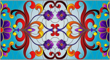 Mavi arka planda soyut girdaplar, çiçekler ve yapraklar ile boyalı cam tarzında resim, yatay yönelim