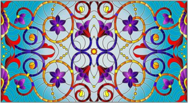 Mavi arka planda soyut girdaplar, çiçekler ve yapraklar ile boyalı cam tarzında resim, yatay yönelim