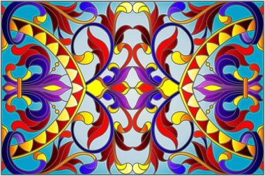 Mavi arka planda soyut girdaplar, çiçekler ve yapraklar ile boyalı cam tarzında resim, yatay yönelim