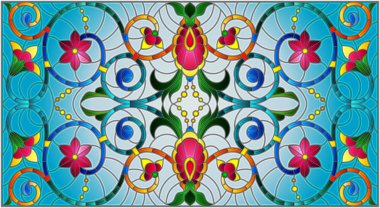 Mavi arka planda soyut girdaplar, çiçekler ve yapraklar ile boyalı cam tarzında resim, yatay yönelim