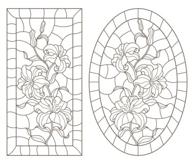 Vitray Windows kontur illüstrasyonlar lilys çerçeveler, beyaz bir arka plan üzerinde koyu konturlar, oval ve dikdörtgen görüntü ile bir dizi