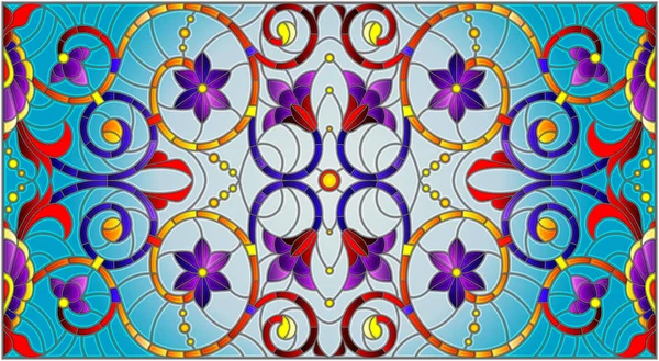 Illustration Vitrail Avec Tourbillons Abstraits Fleurs Feuilles Sur Fond Bleu — Image vectorielle