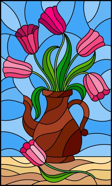 Ilustración Estilo Vitral Con Bodegón Jarra Con Tulipanes Rosados Sobre — Vector de stock