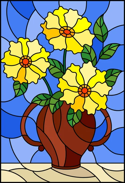 Ilustración Estilo Vitral Con Bodegón Ramo Flores Amarillas Jarrón Cerámica — Vector de stock