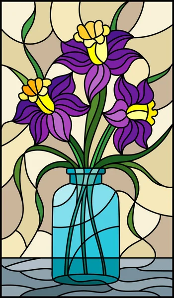 Ilustracja Stylu Witrażu Martwa Bukiet Fioletowe Kwiaty Szklanym Słoju Beżowym — Wektor stockowy