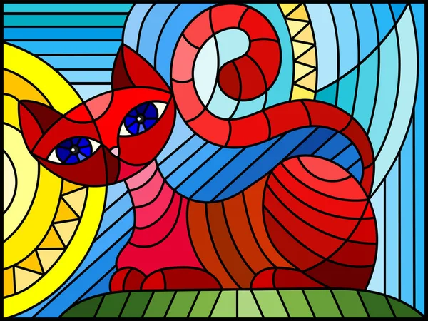 Ilustrasi Dalam Gaya Kaca Patri Dengan Abstrak Merah Geometris Kucing - Stok Vektor