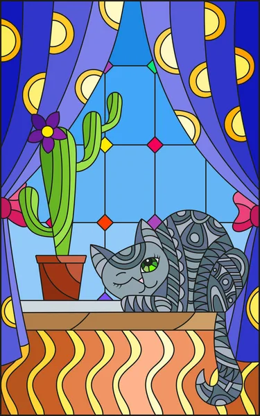 Vitray tarzı penceresi perdeli, kaktüs ve Pencere pervazı gri kedi çizimde