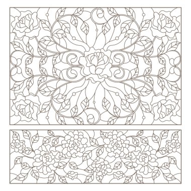 Windows ile gül çiçek, vitray kontur çizimleri kümesi bırakır ve bukleler, yatay görüntüleri, beyaz bir arka plan üzerinde koyu konturlar