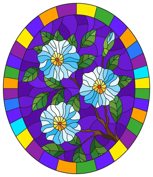 Ilustrace Vitráže Stylu Pobočkou Kvetoucí Rostliny Modrými Květy Fialovém Pozadí — Stockový vektor