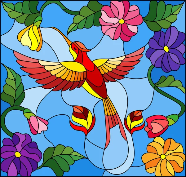 Ілюстрації Вітражі Стилі Барвистими Колібрі Тлі Неба Зелені Квіти — стоковий вектор