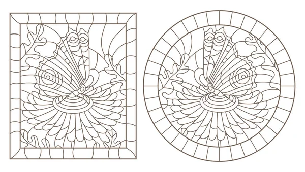 带花和蝴蝶的彩色玻璃窗的轮廓图 圆形和长方形图像 白色背景上的深色轮廓 — 图库矢量图片