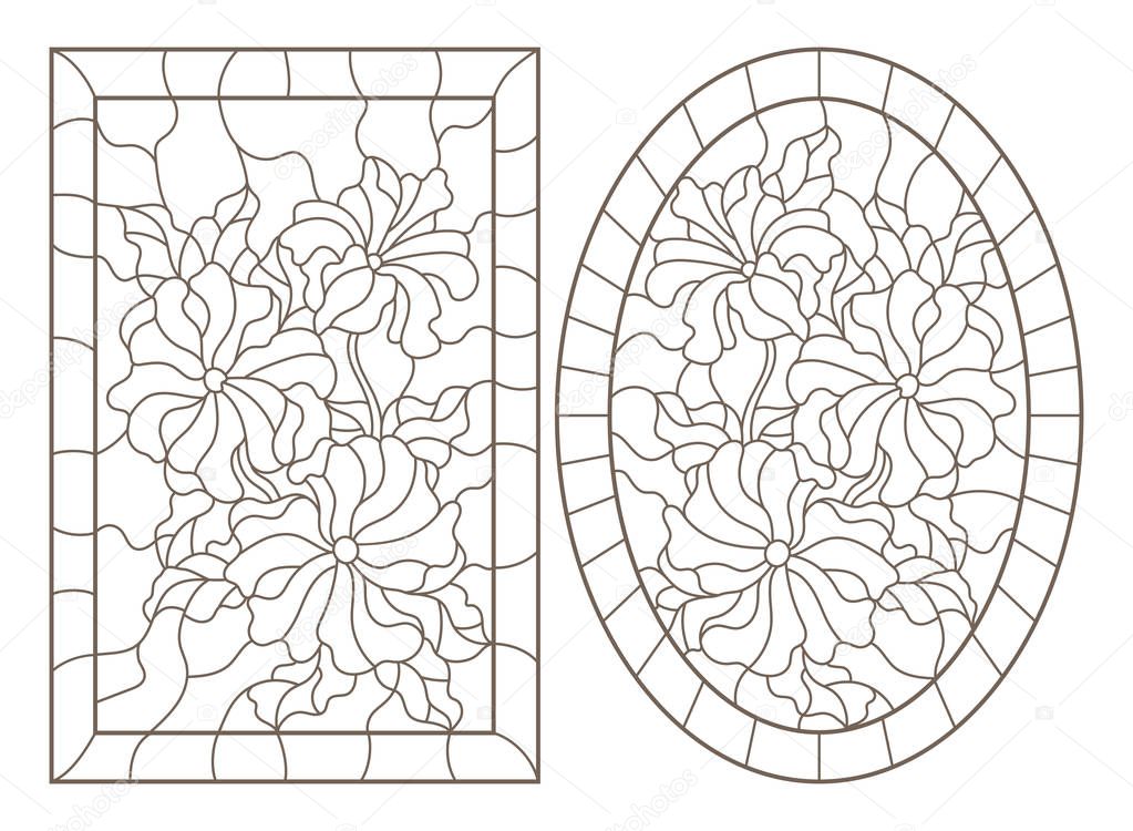 A set of contour illustrations of stained glass with flowers, oval and rectangular image in the frame, dark contours on a white background