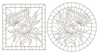 Çiçekler ve kelebekler ile vitray pencereler, yuvarlak ve dikdörtgen görüntü, beyaz bir arka plan üzerinde koyu kontür kontur çizimleri kümesi