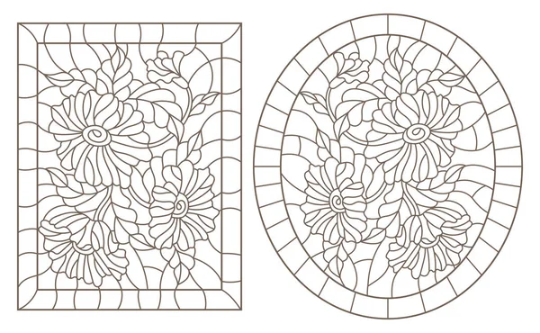 白地に花のステンド グラス フレーム内の楕円形や長方形のイメージの輪郭のイラストのセット 暗い輪郭します — ストックベクタ