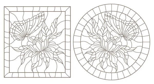 Sada Obrysu Ilustrací Vitrážová Okna Květinami Motýli Kruhového Obdélníkového Obrazu — Stockový vektor