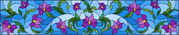 Illustration Glasmalereistil Mit Abstrakten Lila Blüten Auf Blauem Hintergrund Horizontale — Stockvektor