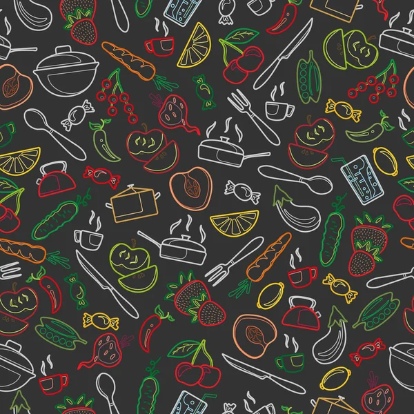Безшовний Візерунок Контурними Іконками Тему Кухонних Аксесуарів Їжі Кольорові Чаші — стоковий вектор