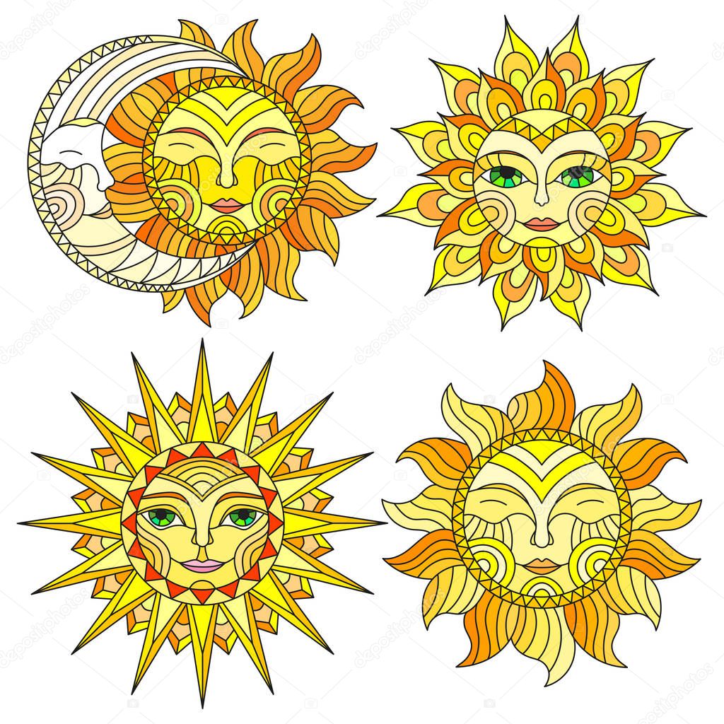 A set of stained-glass suns with faces on a white background isolates