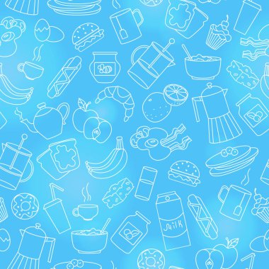 Dikişsiz desen Tema gıda ve Kahvaltı, basit kontür simgeler üzerinde ışık mavi arka plan üzerinde özetliyor.