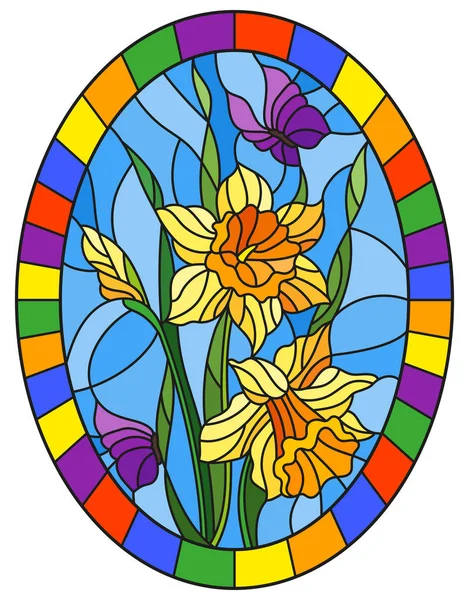 Illustration Glasmalereistil Mit Einem Strauß Gelber Narzissen Und Blauer Schmetterlinge — Stockvektor