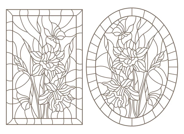 彩色玻璃窗的轮廓图 有水仙花和蝴蝶花 圆形和长方形图像 白色背景上的深色轮廓 — 图库矢量图片