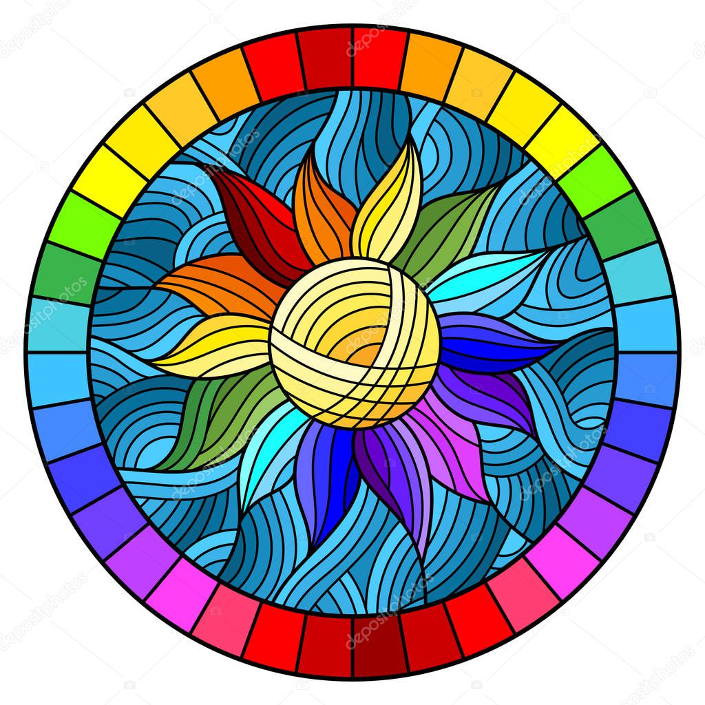 Illustration in stained glass style with abstract rainbow flower on blue background in bright frame, round image