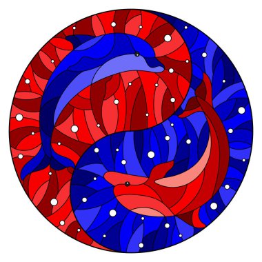 Vitray stilini ve arka plan üzerinde iki yunuslarla çizimde Yin Yang işareti şeklinde su ve hava kabarcıkları