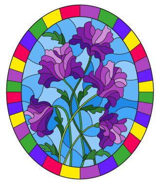 Vitray tarzı bir buket ile resimde parlak bir çerçevede, oval görüntü mavi bir arka plan üzerinde mor çiçekli bir bitkinin