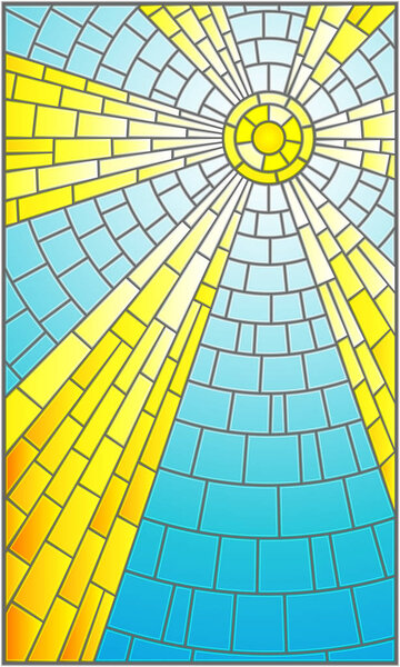 Иллюстрация в витражном стиле с абстрактным небесным ландшафтом, солнце с лучами на фоне неба
