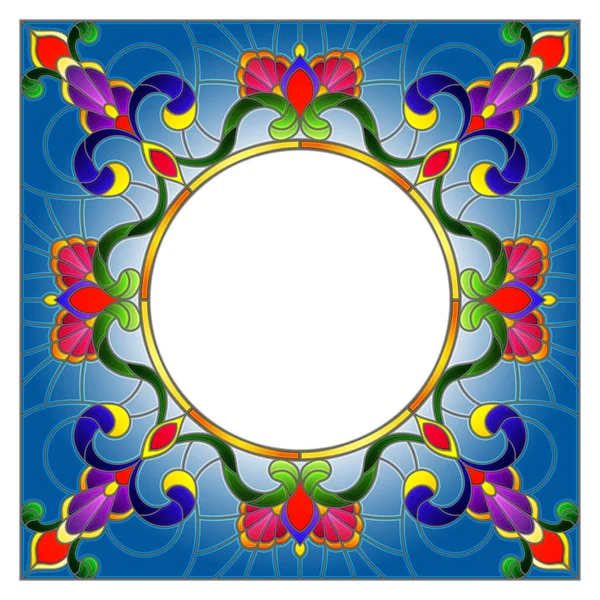 Ilustração Moldura Flor Estilo Vitral Flores Brilhantes Folhas Moldura Azul — Vetor de Stock