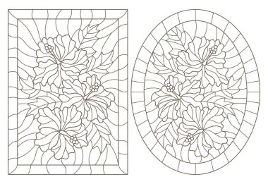 Vitray Windows hibiscus çerçeve, beyaz bir arka plan üzerinde koyu konturlar, oval ve dikdörtgen görüntü ile kontur çizimleri bir dizi