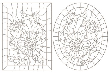 Vitray Windows ayçiçeği çerçeve, beyaz bir arka plan üzerinde koyu konturlar, oval ve dikdörtgen görüntü ile kontur çizimleri bir dizi