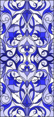 İllüstrasyon soyut swirls, vitray tarzında çiçekler ve hafif bir arka plan üzerinde dikey yönlendirme gama mavi yaprakları