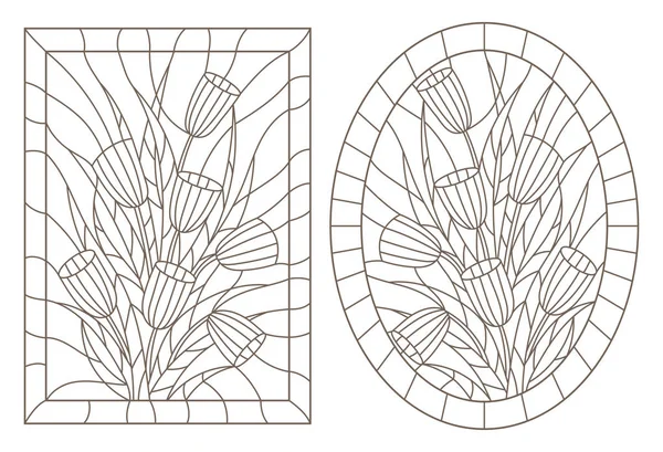 フレーム内のチューリップ 白い背景の暗い輪郭 楕円形と長方形の画像を持つステンドグラスの窓の輪郭イラストのセット — ストックベクタ