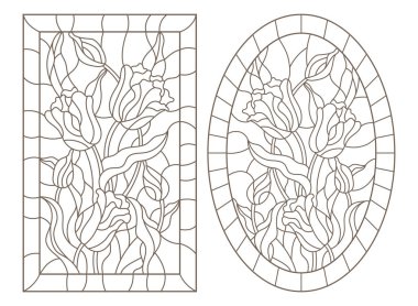 A set of contour illustrations of stained glass Windows with Tulips in frames, dark contours on a white background, oval and rectangular image clipart