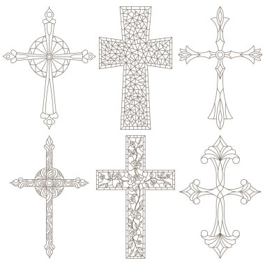 Vitray stil resimlerde bir konturlu Christian haçlar, beyaz zemin üzerine koyu özetliyor