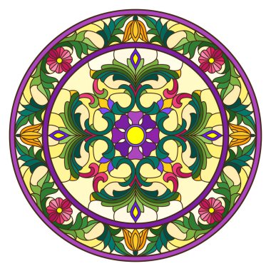 Renkli cam tarzında resim, çiçek süsleri ve girdaplı yuvarlak ayna görüntüsü, sarı arkaplanda parlak çiçekler.