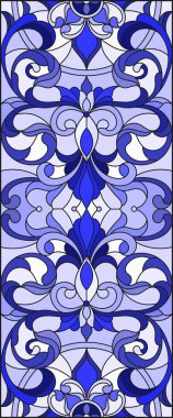 İllüstrasyon soyut swirls, vitray tarzında çiçekler ve hafif bir arka plan üzerinde dikey yönlendirme gama mavi yaprakları